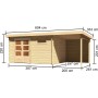 Karibu Holz-Gartenhaus Ängelholm, unbehandelt, mit Pultdach und Anbau, Maße eingezeichnet.