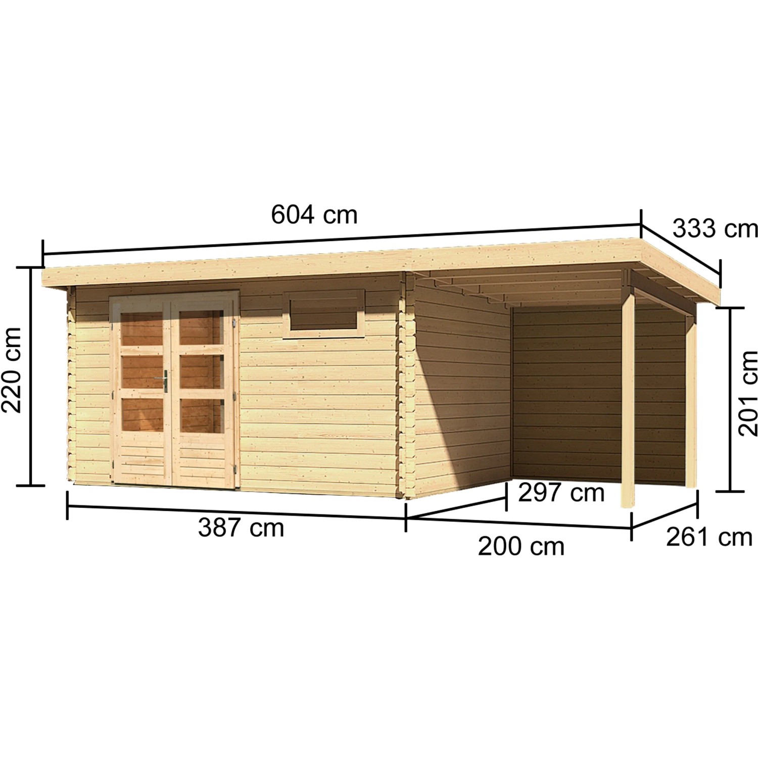 Karibu Holz-Gartenhaus Ängelholm, unbehandelt, mit Pultdach und Anbau, Maße eingezeichnet.