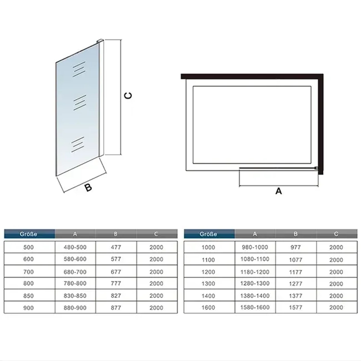 Skizze einer AICA Walk-In Duschkabine (B.60 x H.200cm) mit Maßangaben.