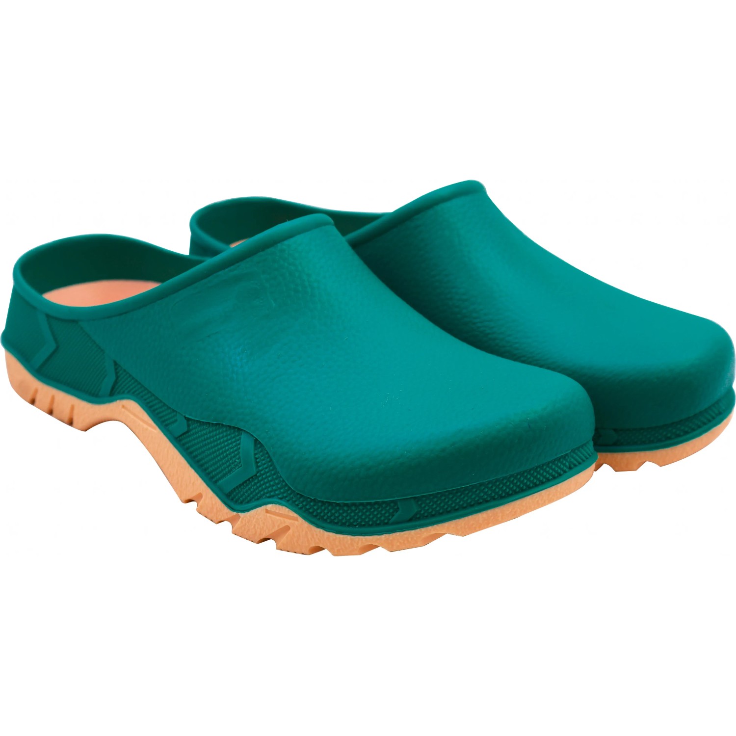 Grün-braune Gartenclogs, Größe 45/46, ideal für Gartenarbeit und Freizeit.