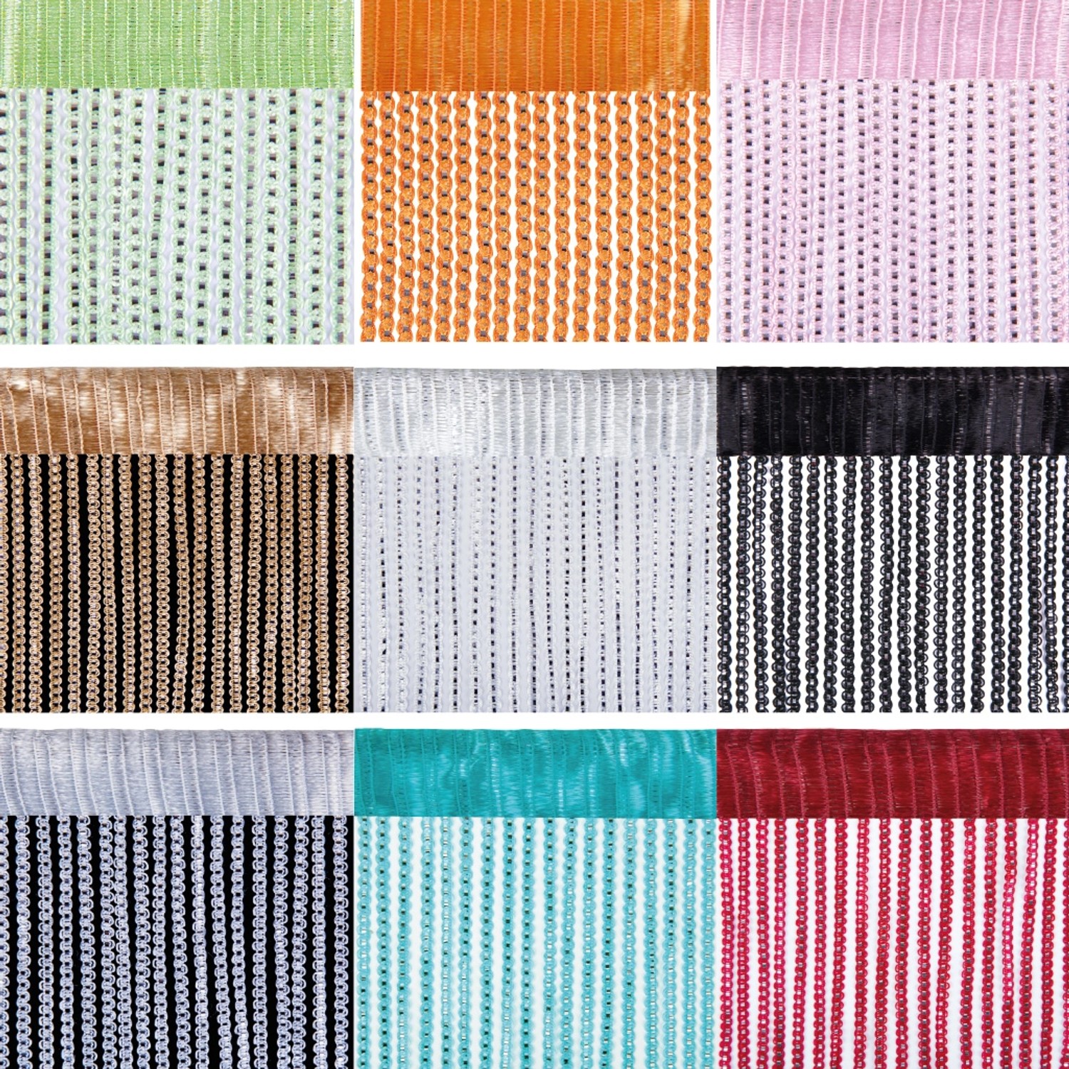 Fadenvorhänge in verschiedenen Farben: Anthrazit, Grün, Orange, Rosa, Schwarz, Weiß, Türkis und Rot.