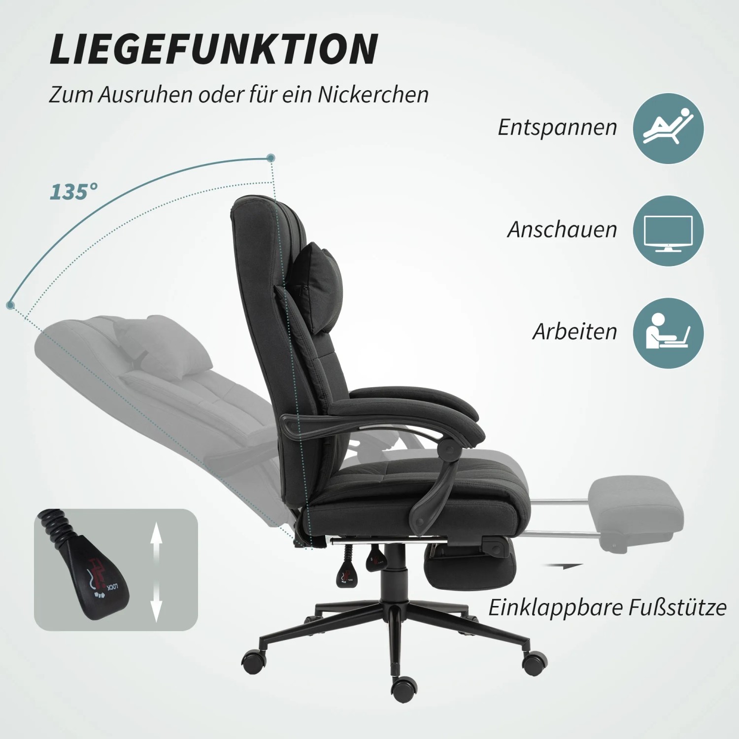 Schwarzer Vinsetto Bürostuhl mit Fußstütze und Leinenoptik, ergonomisch und verstellbar.