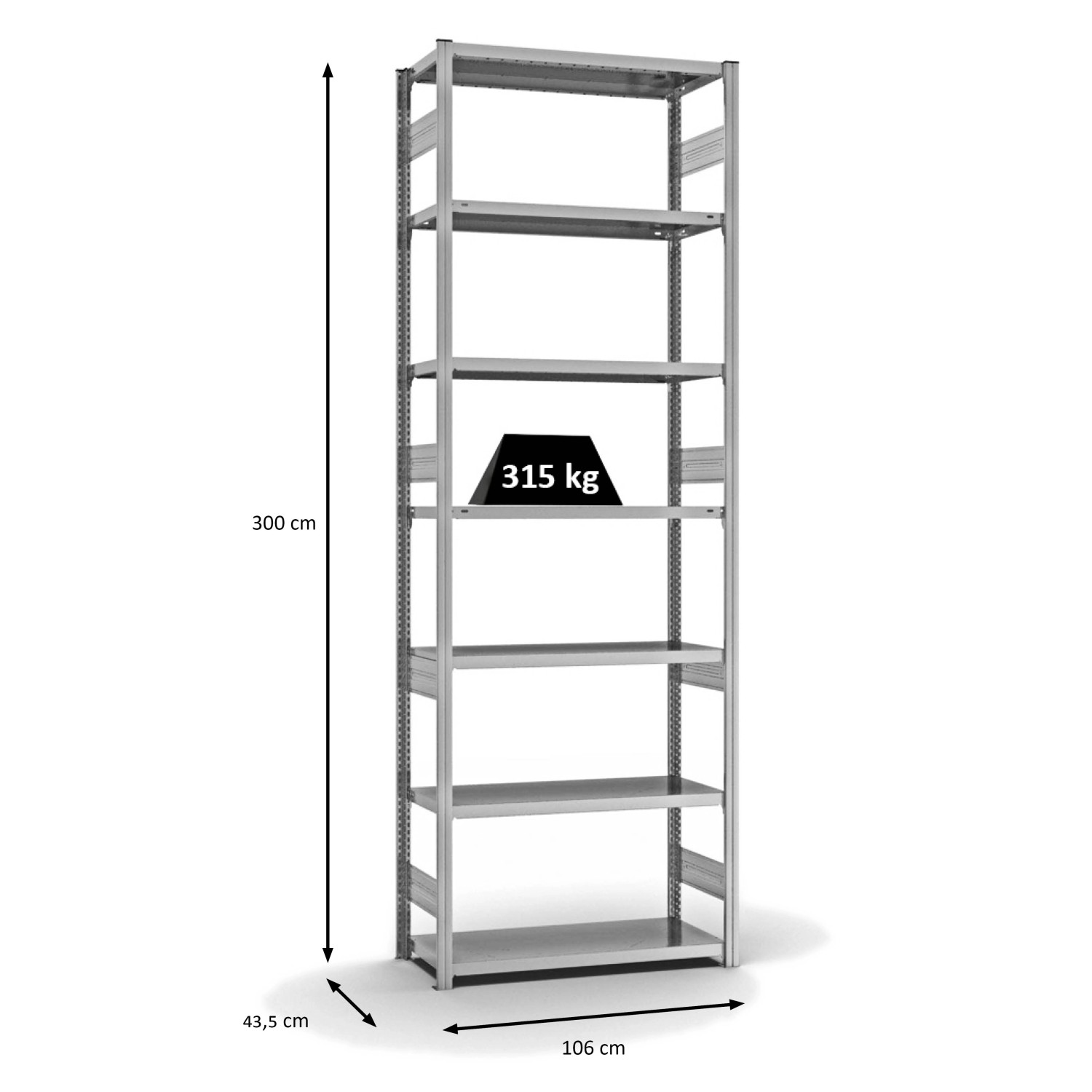 Verzinktes PROREGAL Fachbodenregal mit 7 Ebenen, beidseitig nutzbar, Traglast 315 kg pro Ebene.