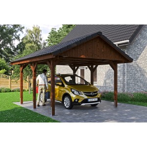 Satteldach-Carport Wallgau in Nussbaum mit Auto. Holzkonstruktion mit Dachlattung für Dachziegel.
