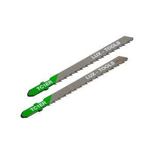 Zwei LUX Stichsägeblätter für Holz, negativ verzahnt, mit T-Schaft.