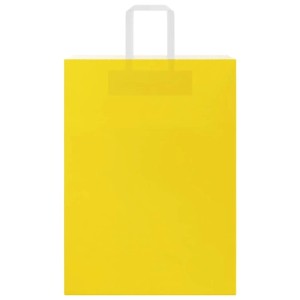 Gelbe Papiertragetasche mit weißen Henkeln, 32x17x44 cm, 50 Stück.