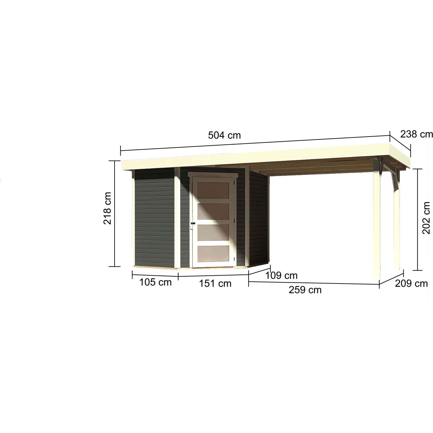Karibu Holz-Gartenhaus Linköbing, terragrau, mit Flachdach und Maßangaben.