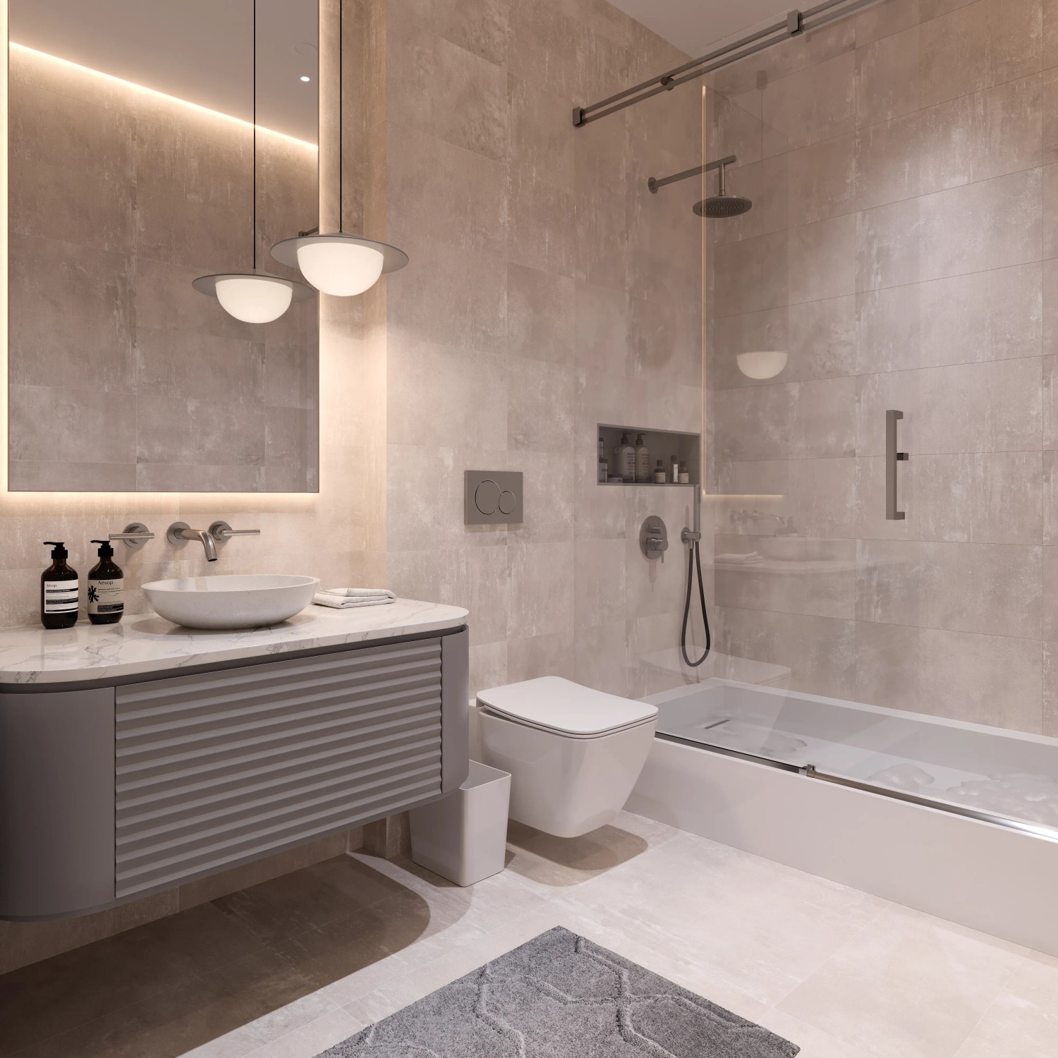 Modernes Badezimmer mit weißen, matten Bodenfliesen Denver Feinsteinzeug 30x60.