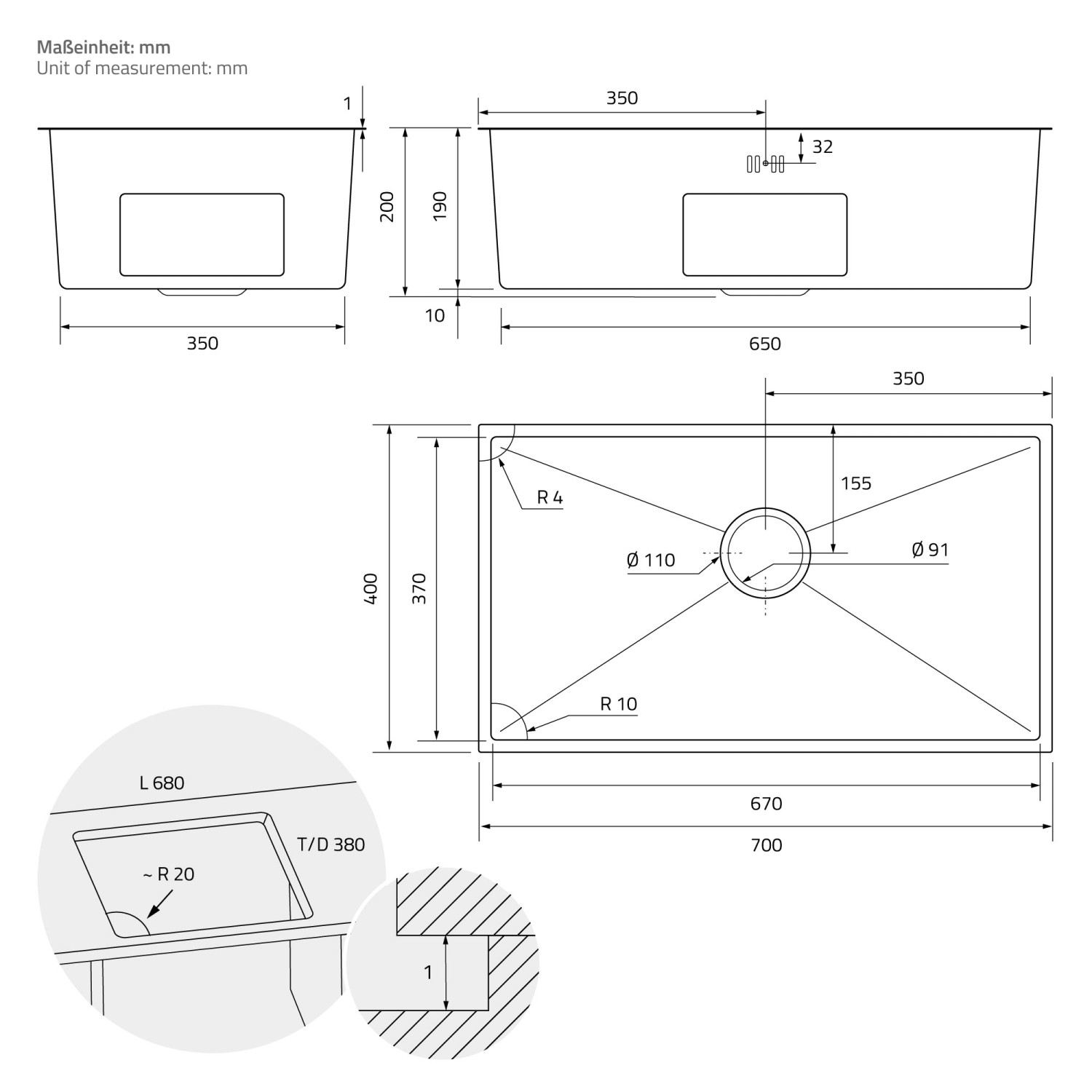 Technische Zeichnung: ML-Design XXL Edelstahl Spülbecken 70x40 cm mit Siphon, Maße und Details.
