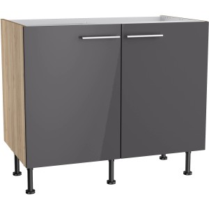 Optifit Spülenunterschrank Jonte984, 100cm, Anthrazit/Wildeiche, mit zwei Türen und Edelstahlgriffen.