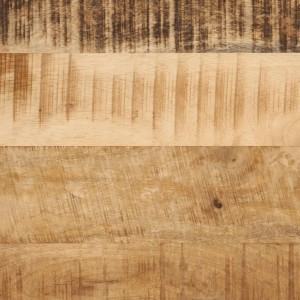 Detailansicht der Tischplatte der vidaXL Satztische aus Mangoholz und Eisen.