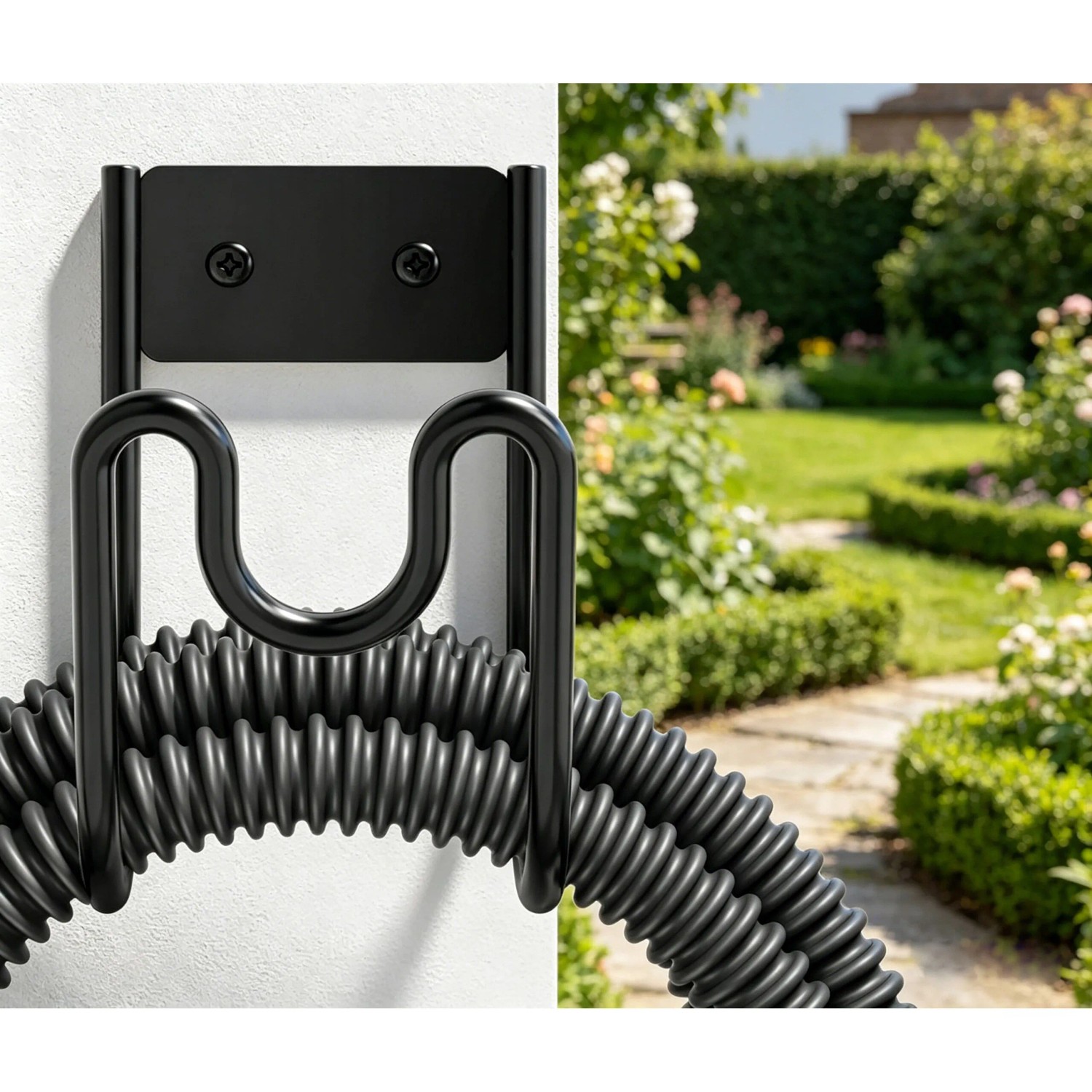 Schwarzer Relaxdays Schlauchhalter aus Eisen an weißer Wand, mit aufgerolltem Gartenschlauch im Garten.