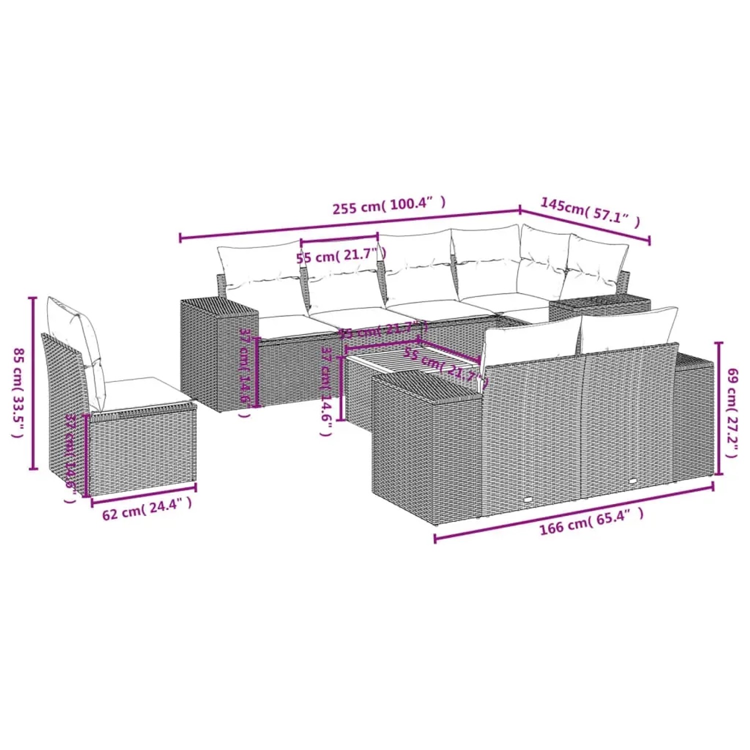 Beige 9-teilige Garten Sofagarnitur aus Polyrattan mit Kissen, Maße eingezeichnet.