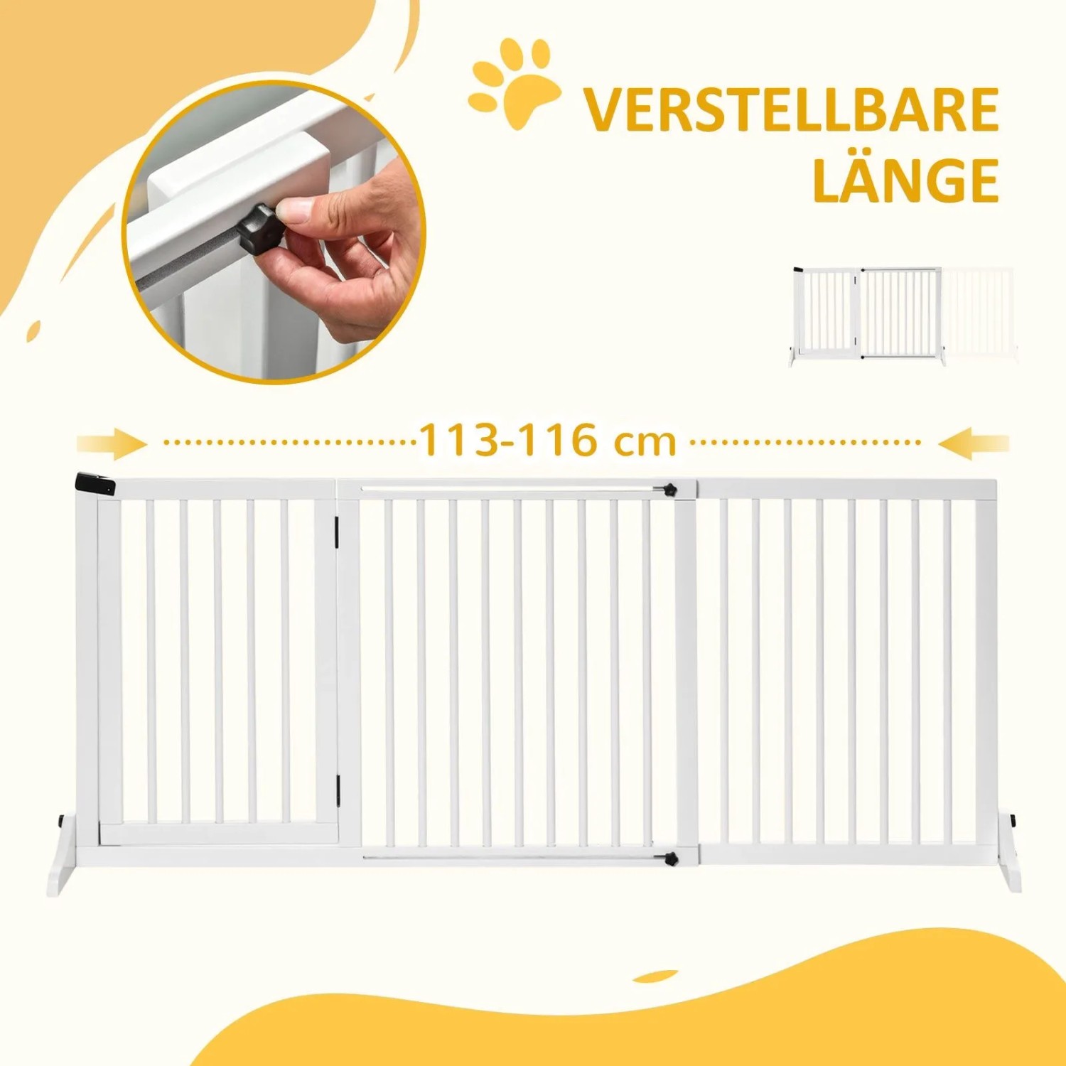 Weißes PawHut Hundegitter aus Holz, verstellbar 113-166 cm, mit Tür. Ideal als Türschutzgitter für Haustiere.
