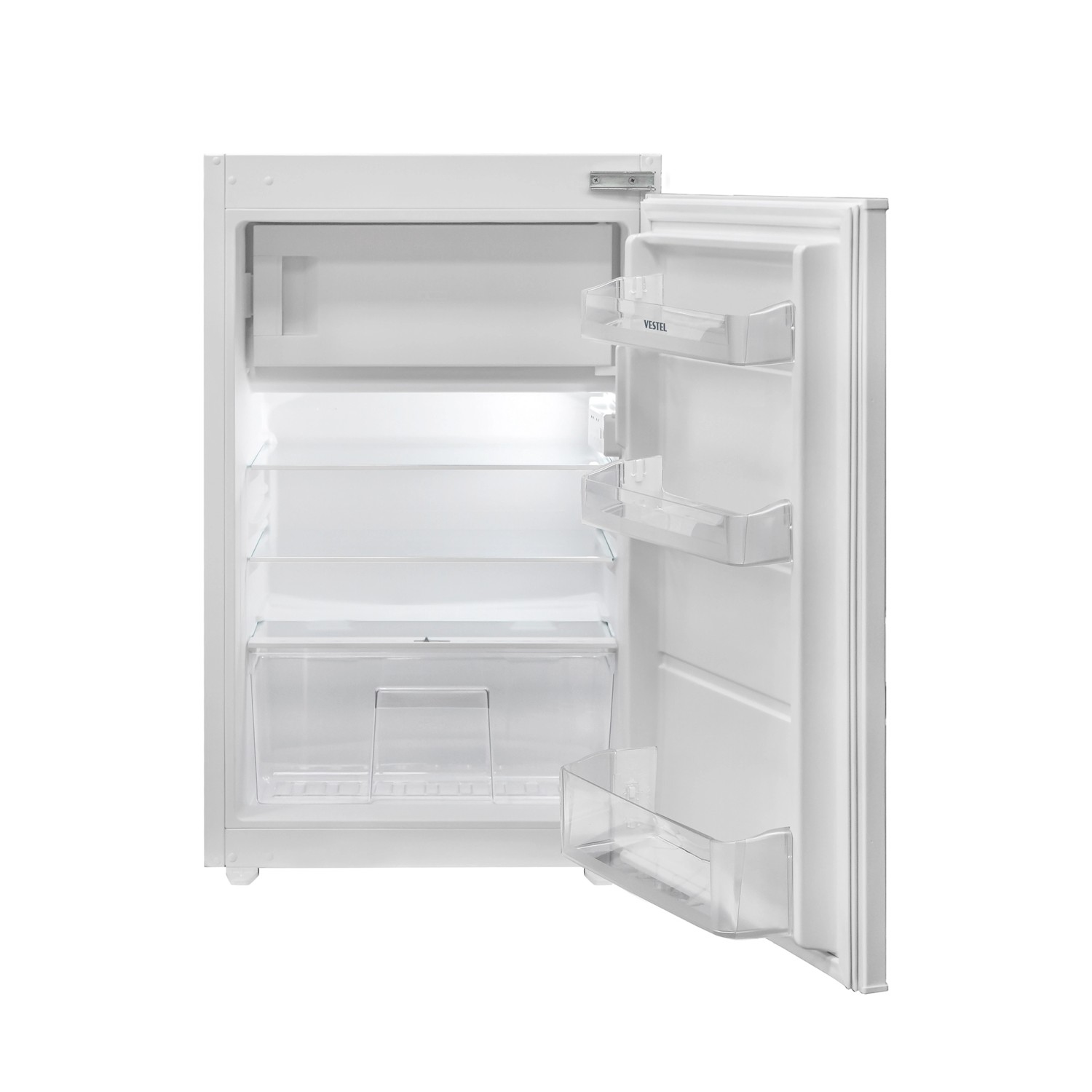 Weißer Einbau-Kühlschrank von Vestel, Teil der Impuls Küchen Einbauküche, mit offener Tür und Innenansicht.