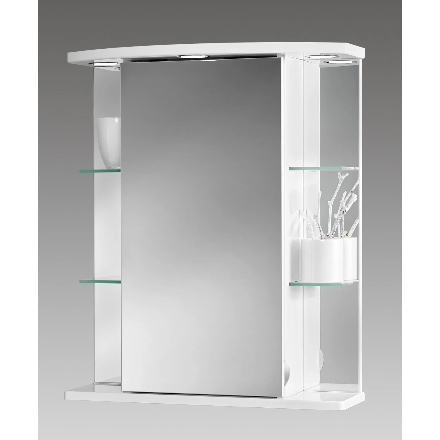Sieper Spiegelschrank, 55 cm breit, mit Beleuchtung und Glasablagen für Badutensilien.