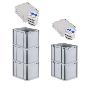 PROREGAL Spar Set: 5 graue Euroboxen 30L mit Scharnierdeckel und blauen Verschlüssen. Aufbewahrungsboxen.