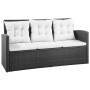 Schwarzes vidaXL Garten-Lounge-Set mit Polyrattan, 3-Sitzer Sofa und weißen Auflagen.