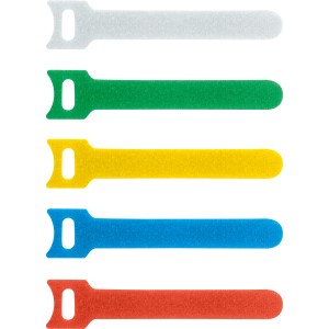 Farbiges Klettband Set, 5 Stück: Klettbänder in Weiß, Grün, Gelb, Blau und Rot.