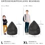 Größenvergleich: Sitzsack Fluffy in L und XL mit Größenempfehlung für Kinder und Erwachsene.