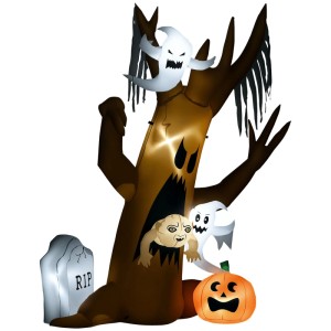Aufblasbarer Halloween Geisterbaum mit leuchtenden LEDs, Geistern, Kürbis und Grabstein. Dekorative Figur.