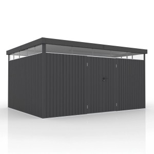 Juskys Gerätehaus Luzern XL, 12 m², anthrazit, aus Metall mit Doppeltür und Fensterband.
