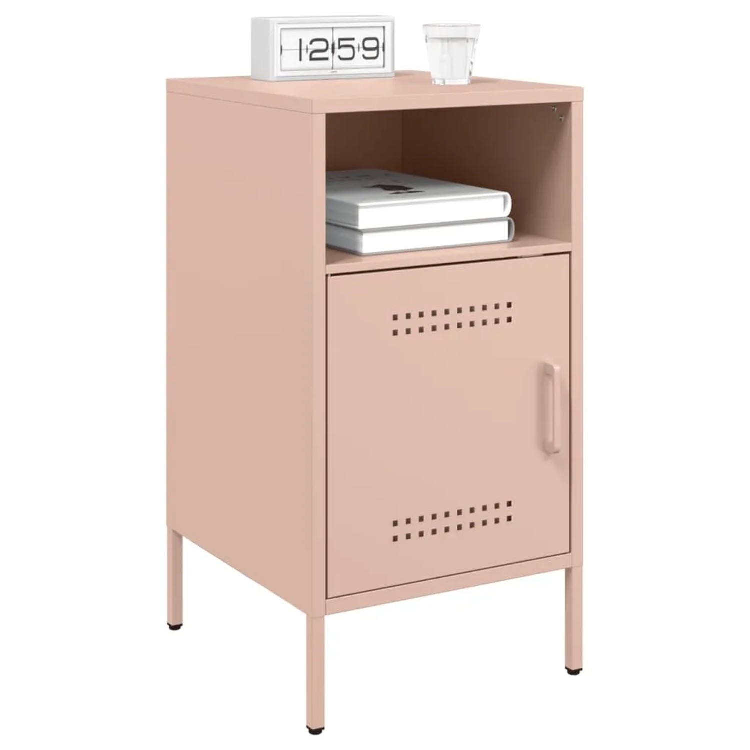 Rosa Nachttische (2 Stk.) aus kaltgewalztem Stahl mit Tür und Fach für Schlafzimmer.