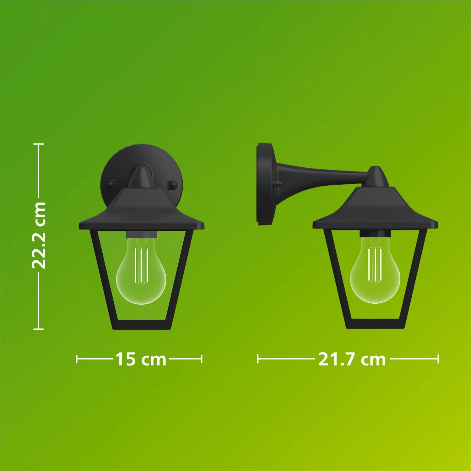 Schwarze Philips Outdoor-Wandleuchte Juli im Laternen-Design mit Maßangaben.