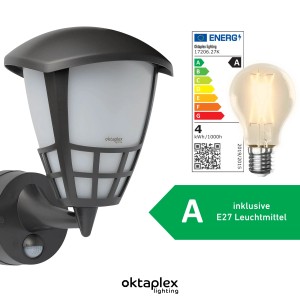 Anthrazitfarbene Oktaplex Bel Außenlampe mit Sensor und E27 Leuchtmittel.
