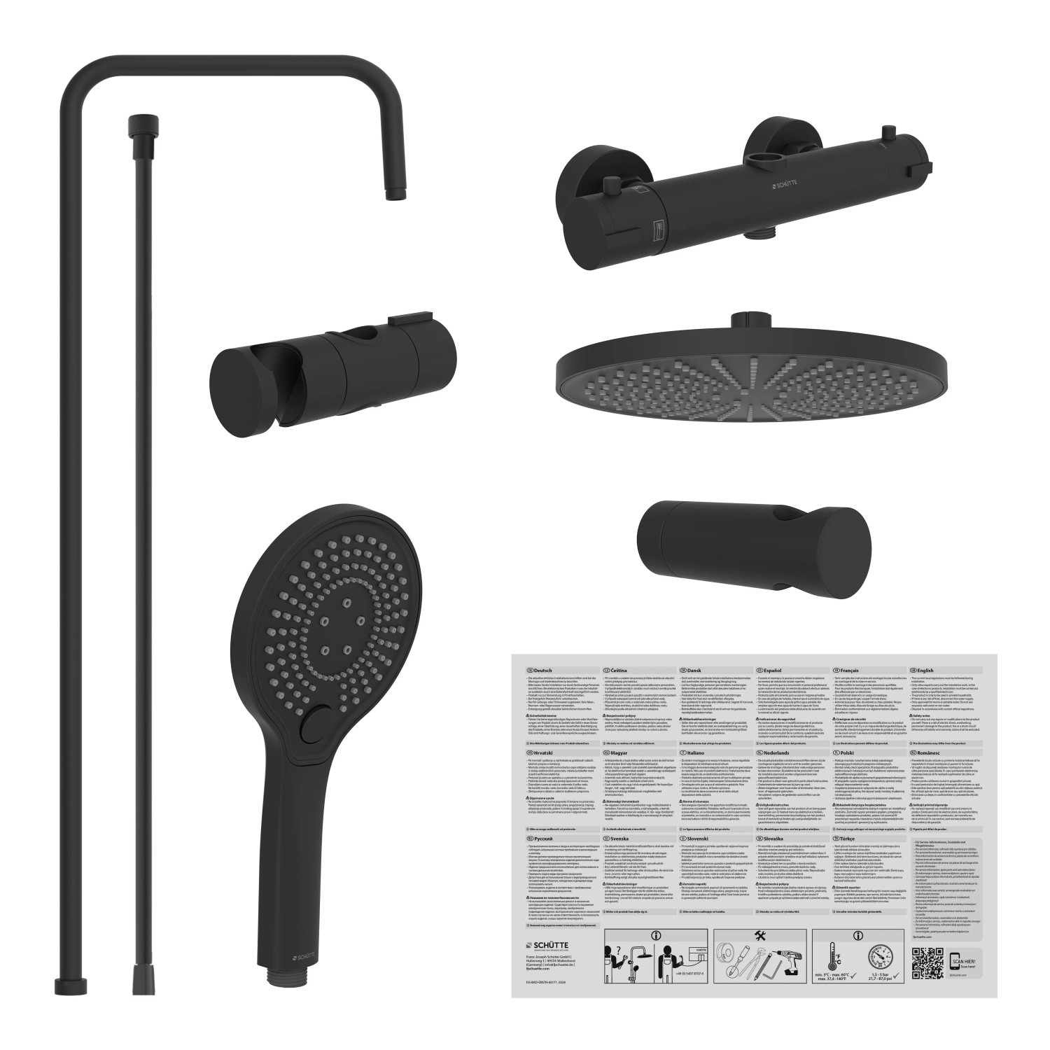 Schütte Adria Überkopf-Brauseset mit Thermostat, Schwarz Matt, Regendusche und Handbrause.