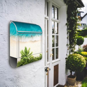 Silberner Banjado Briefkasten mit Strandmotiv und Zeitungsfach, pulverbeschichtet, 39x47x14cm.