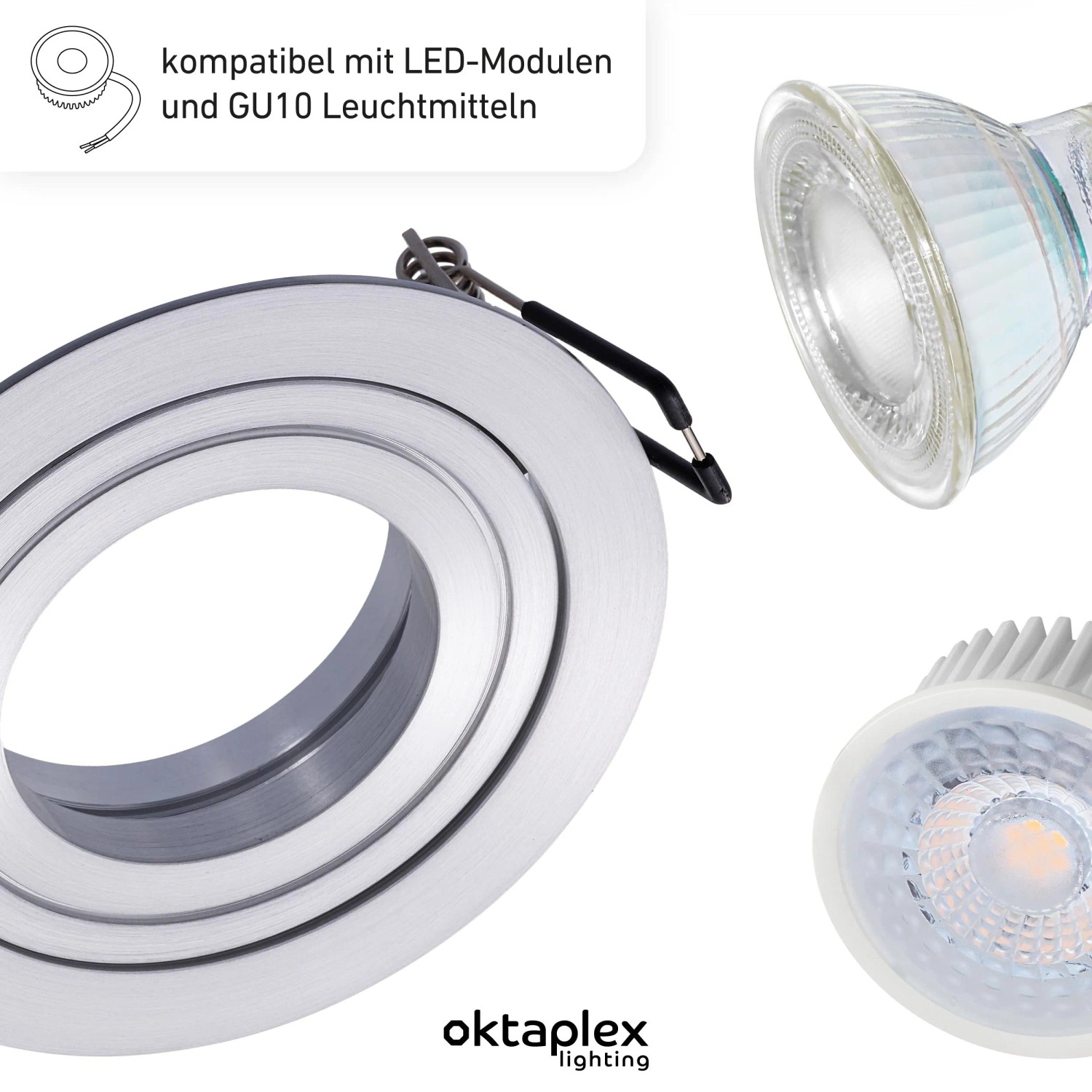 Oktaplex Lyon Einbaustrahler, silber, rund, schwenkbar, Aluminium. Für GU10 und LED-Module.