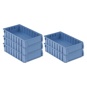 SparSet: 5 blaue Regalkästen (6 Liter) mit Etikett und Schutzhaube, für Aufbewahrungssysteme.