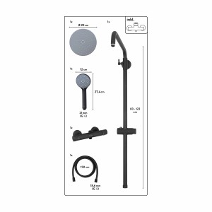 baliv Überkopfbrause-Set KBS-23.90, schwarz matt, mit Handbrause, Kopfbrause, Thermostat und Brauseschlauch.