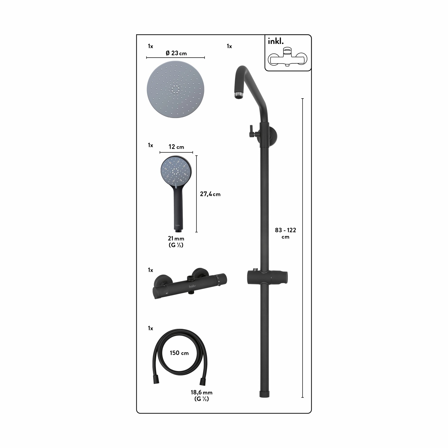 baliv Überkopfbrause-Set KBS-23.90, schwarz matt, mit Handbrause, Kopfbrause, Thermostat und Brauseschlauch.