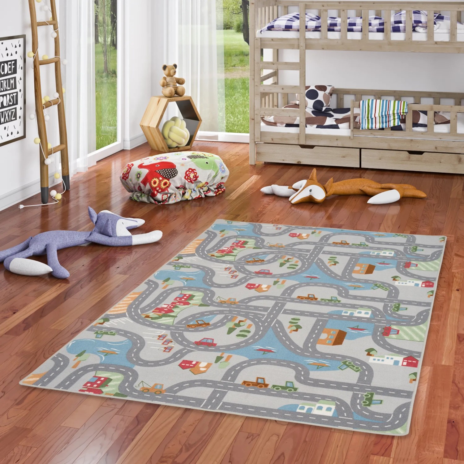 Grauer Snapstyle Kinderteppich mit Straßenmuster, 160x160 cm. Ideal zum Spielen im Kinderzimmer.