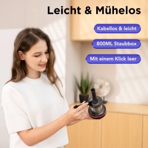 Frau entleert den Staubbehälter des VacniQ Akku-Staubsaugers. Kabelloser Staubsauger.