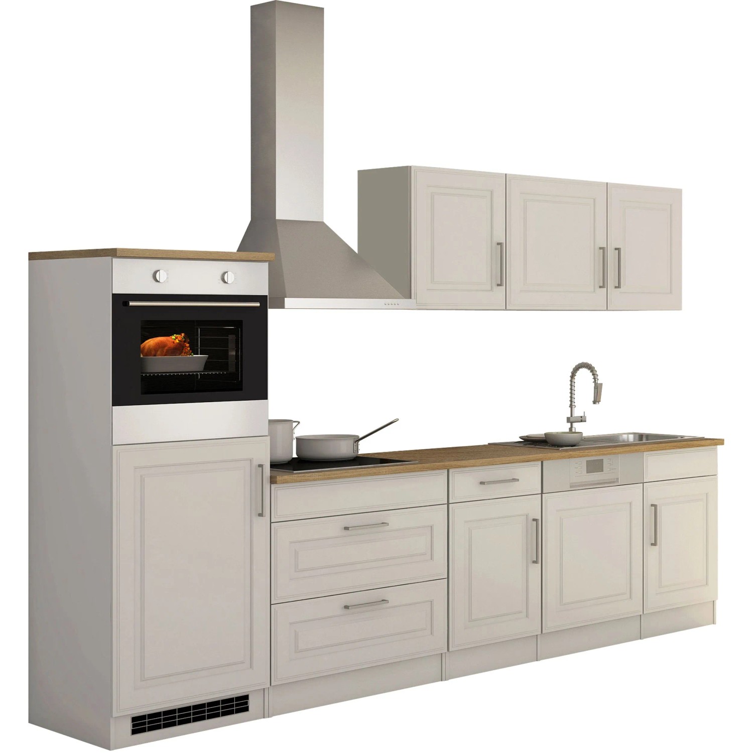 Held Möbel Küchenzeile Rom 300 cm Landhaus Weiß Matt mit E-Geräten