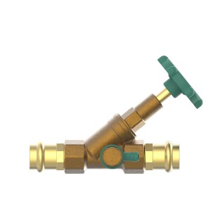 Kirchhoff Schrägsitzventil 18 mm mit Entleerung für Pressfittings, Messing mit grünem Griff.