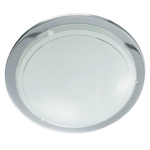 Runde Eglo Deckenleuchte Planet 1 in Chrom-Weiß mit Glasschirm.