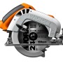 Worx Handkreissäge WX425 mit grau-orangem Gehäuse und Metallsägeblatt.