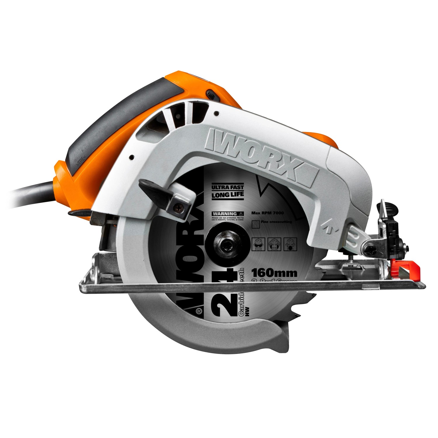Worx Handkreissäge WX425 mit grau-orangem Gehäuse und Metallsägeblatt.
