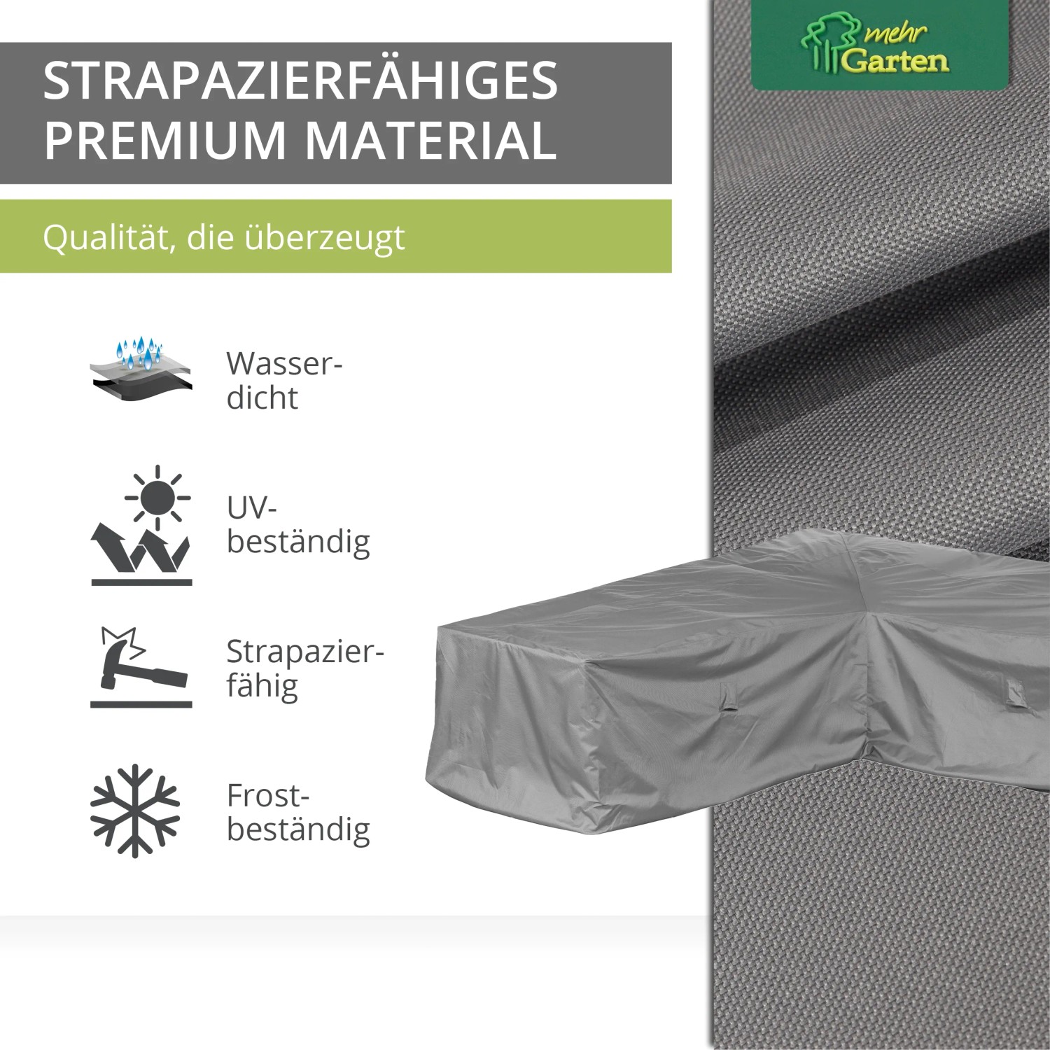 Graue Schutzhülle für eine L-förmige Loungegruppe, wasserdicht, UV- und frostbeständig.