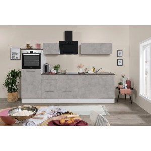 Respekta Premium Küchenzeile Amanda 280 cm in Beton-Optik/Weiß mit E-Geräten.