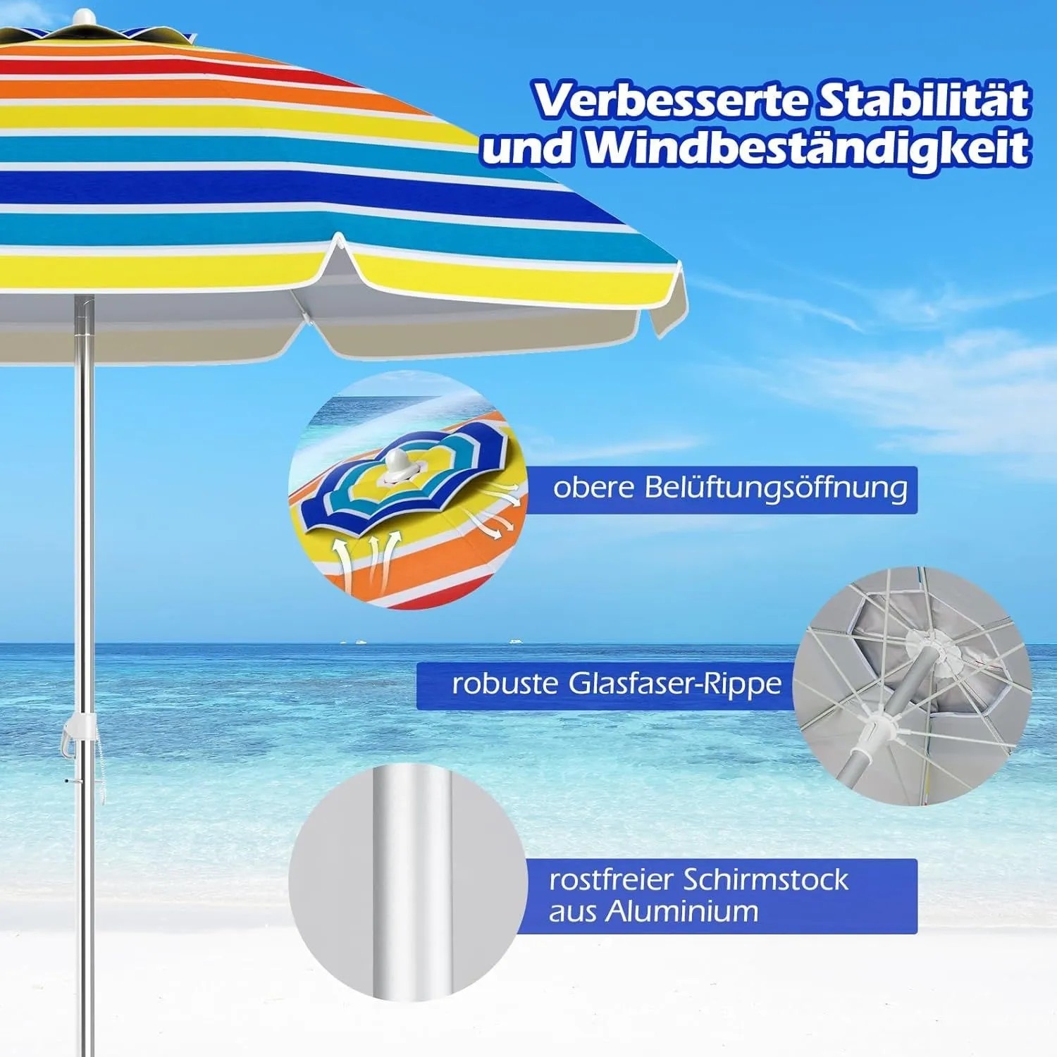 Bunter COSTWAY Sonnenschirm Strand mit Streifenmuster und Details zu Belüftung und Material.
