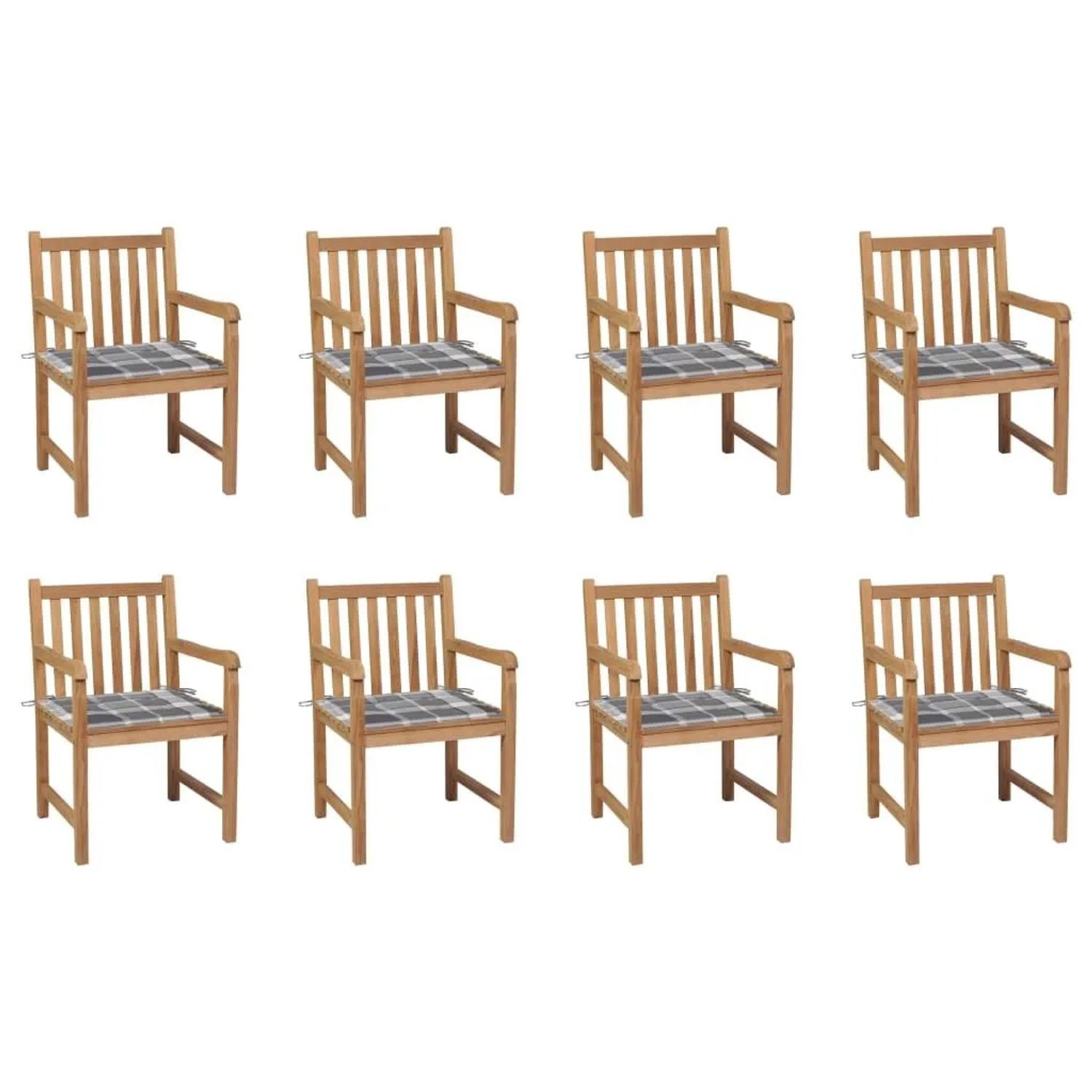 vidaXL Gartenstühle 8 Stk Graue Karomuster-Kissen Massivholz Teak 3073072