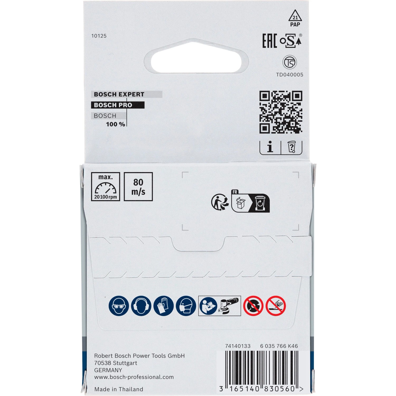 Rückseite der Bosch Trennscheibe Expert for Inox Verpackung. Zeigt technische Daten und Sicherheitspiktogramme für Winkelschleifer.