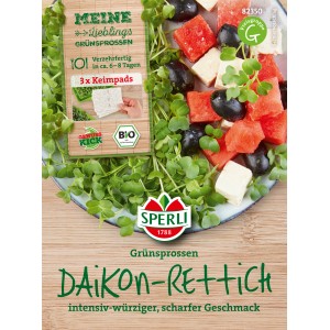 Sperli Bio-Daikon-Rettich Nachfüllpads für Grünsprossen, würzig-scharf im Geschmack.