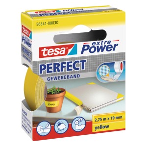 Tesa Extra Power Perfect Gewebeband Gelb, 2,75m x 19mm. Vielseitiges, reißfestes Klebeband für Reparaturen und Bastelarbeiten.