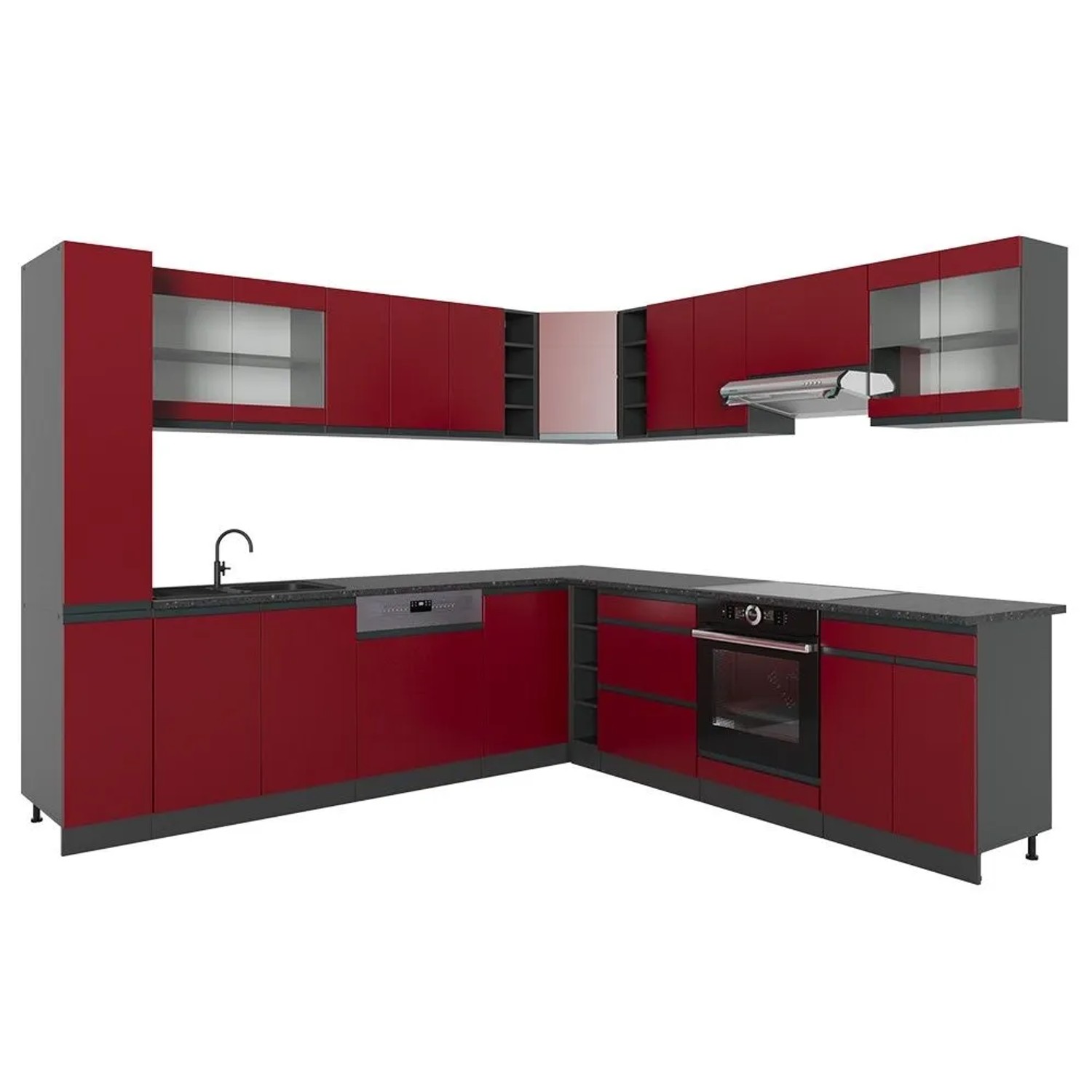 Vicco Eckküche R-Line Rot/Anthrazit 277 x 82 J-Shape, ohne Arbeitsplatte